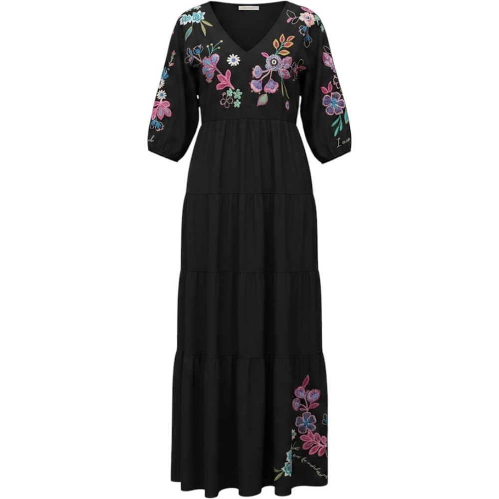 Johnny Was Los Angeles Black Embroidered Floral Tiered Maxi Dress XS V-Neck Boho